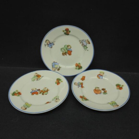 3 - Vintage Germany BABY FATS 5 1/4 Inch Childrens Play Plates, Blue Trim - Picture 2 of 4